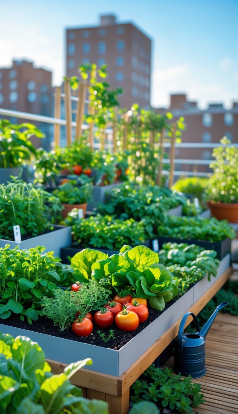 A terrace garden filled with various vegetables growing in planter boxes under natural sunlight.